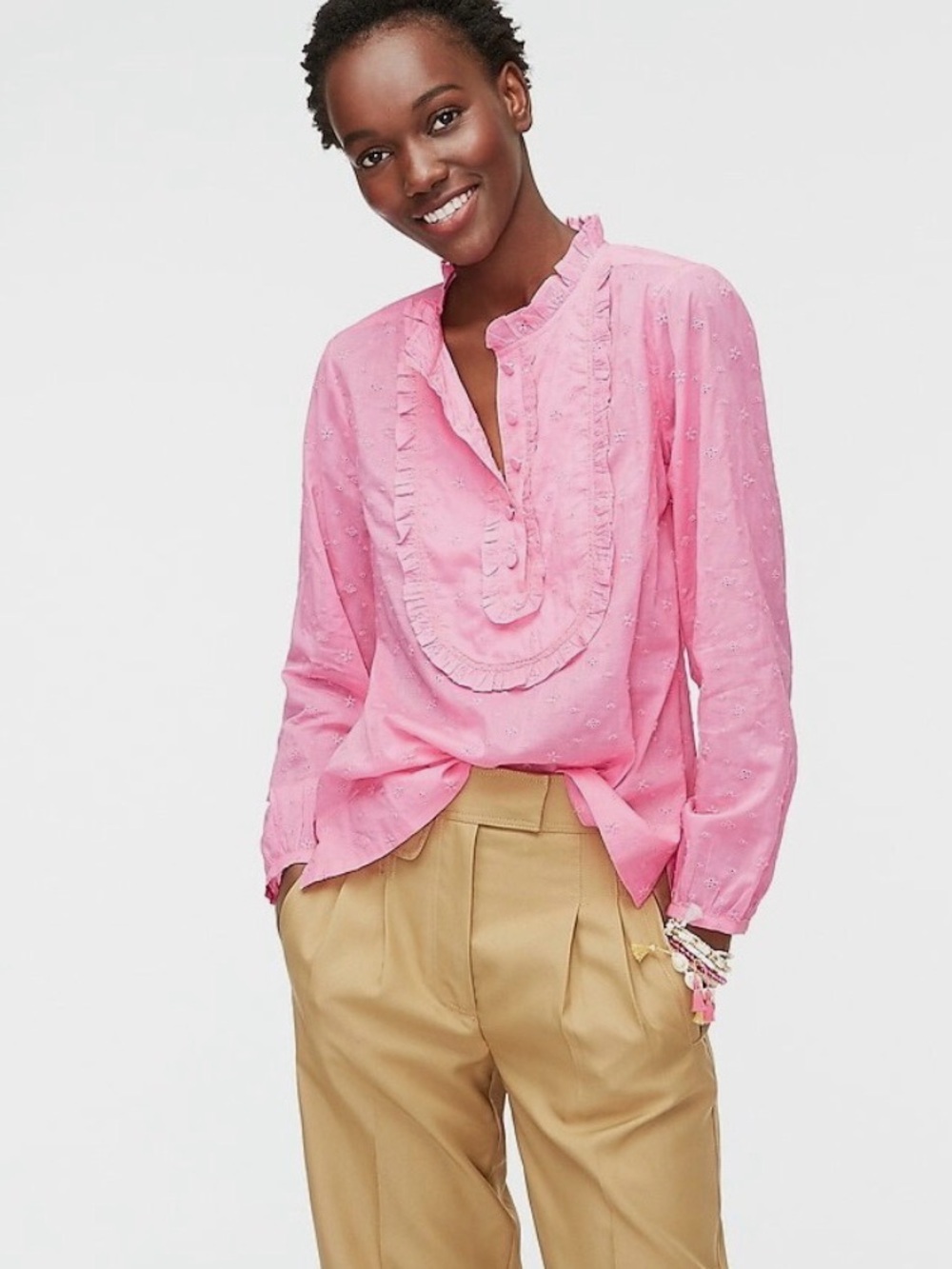 J. Crew Floral Eyelet Half Button Down Ruffled Blouse in White